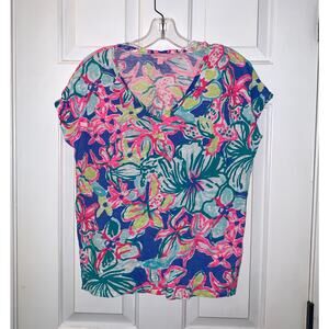 Lilly Pulitzer Iris Blue Casa Azul Hartwell Boxy Linen Floral Tee